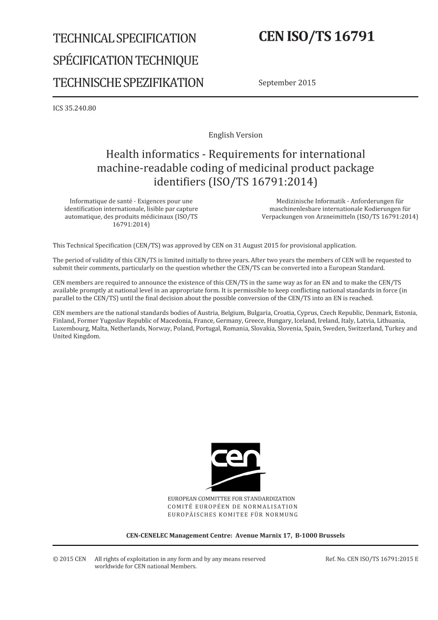 BS PD CEN ISO/TS 16791:2015