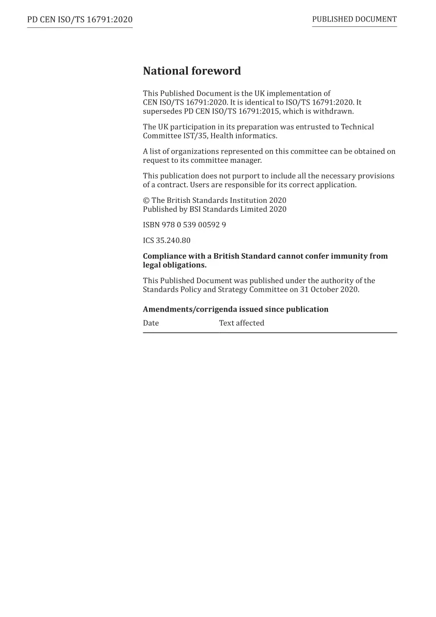 BS PD CEN ISO/TS 16791:2020